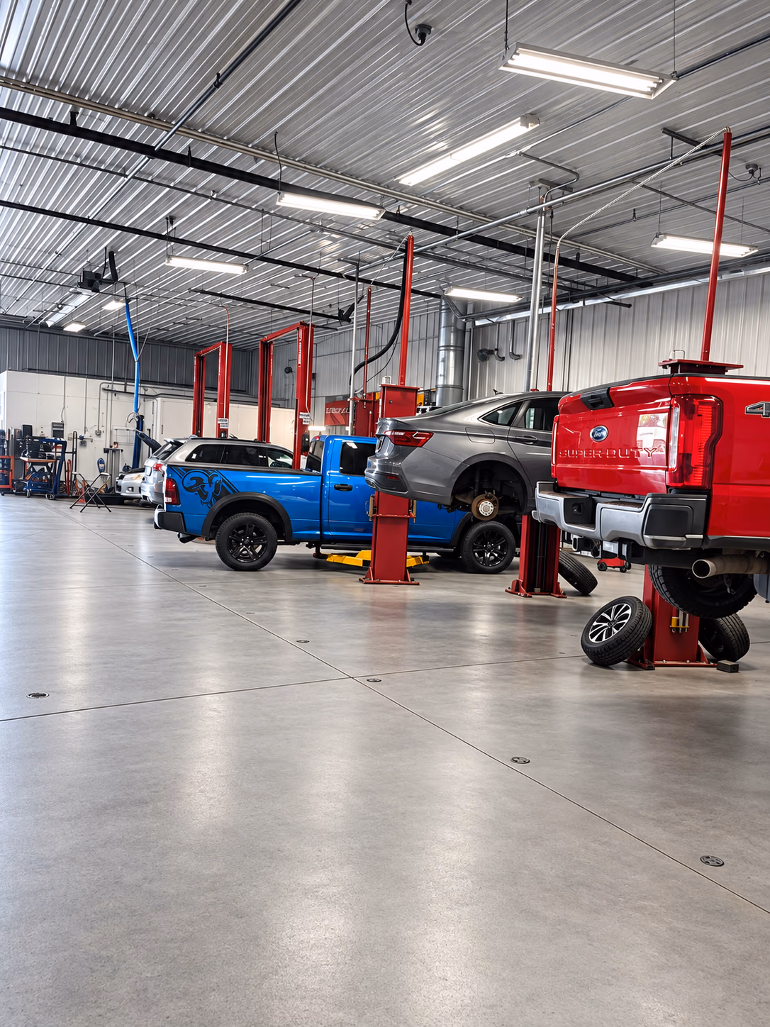 Trucks and cars on lifts across the shop floor at Fogg’s in Scotia, NY