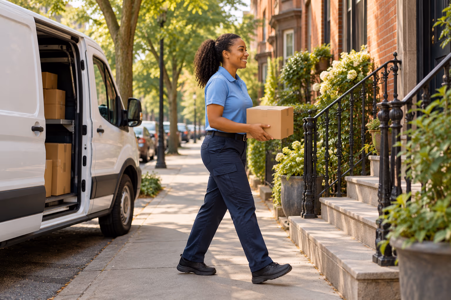 A delivery driver carrying a package from her van to a front stoop