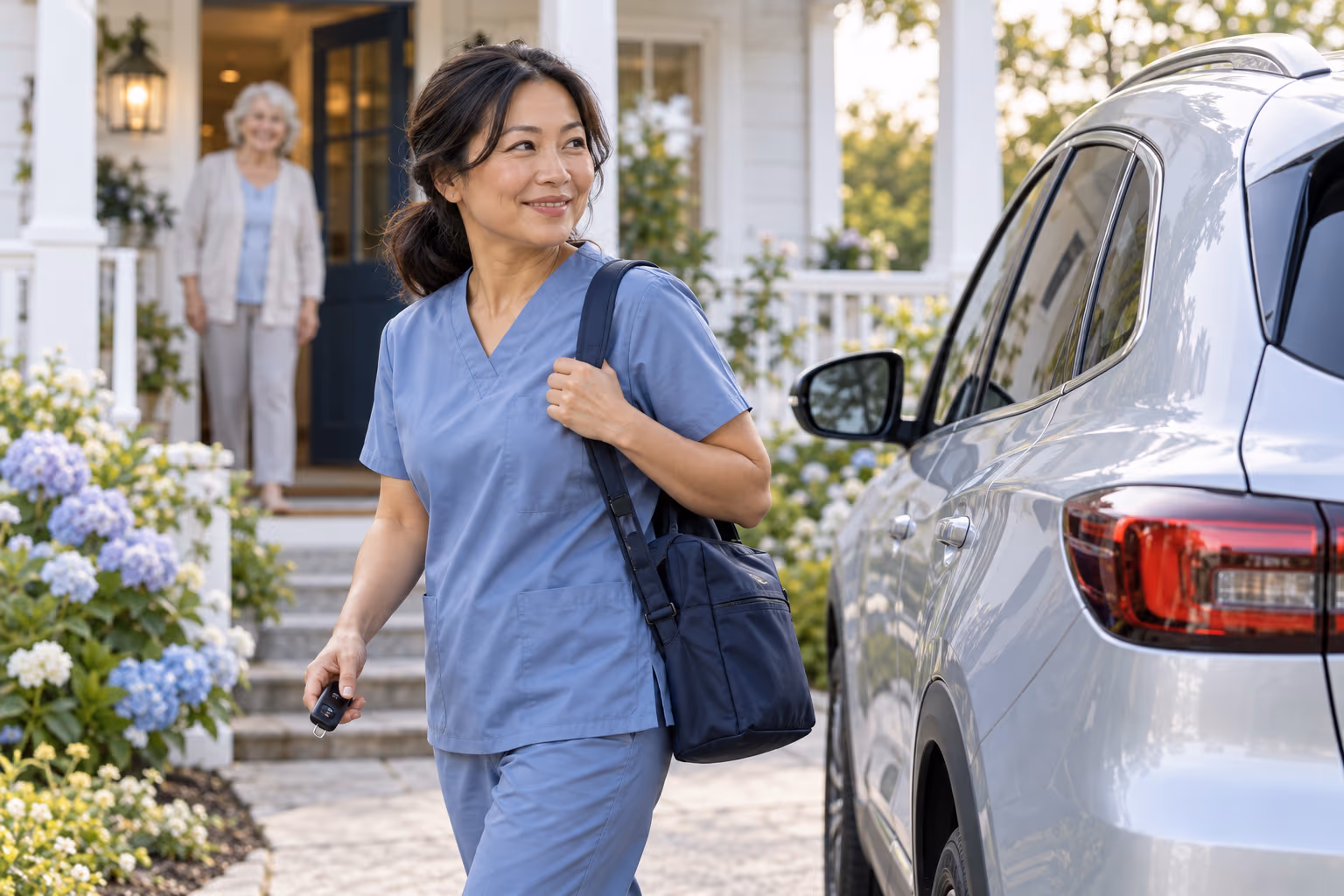 A home-care nurse walking to her car after a visit