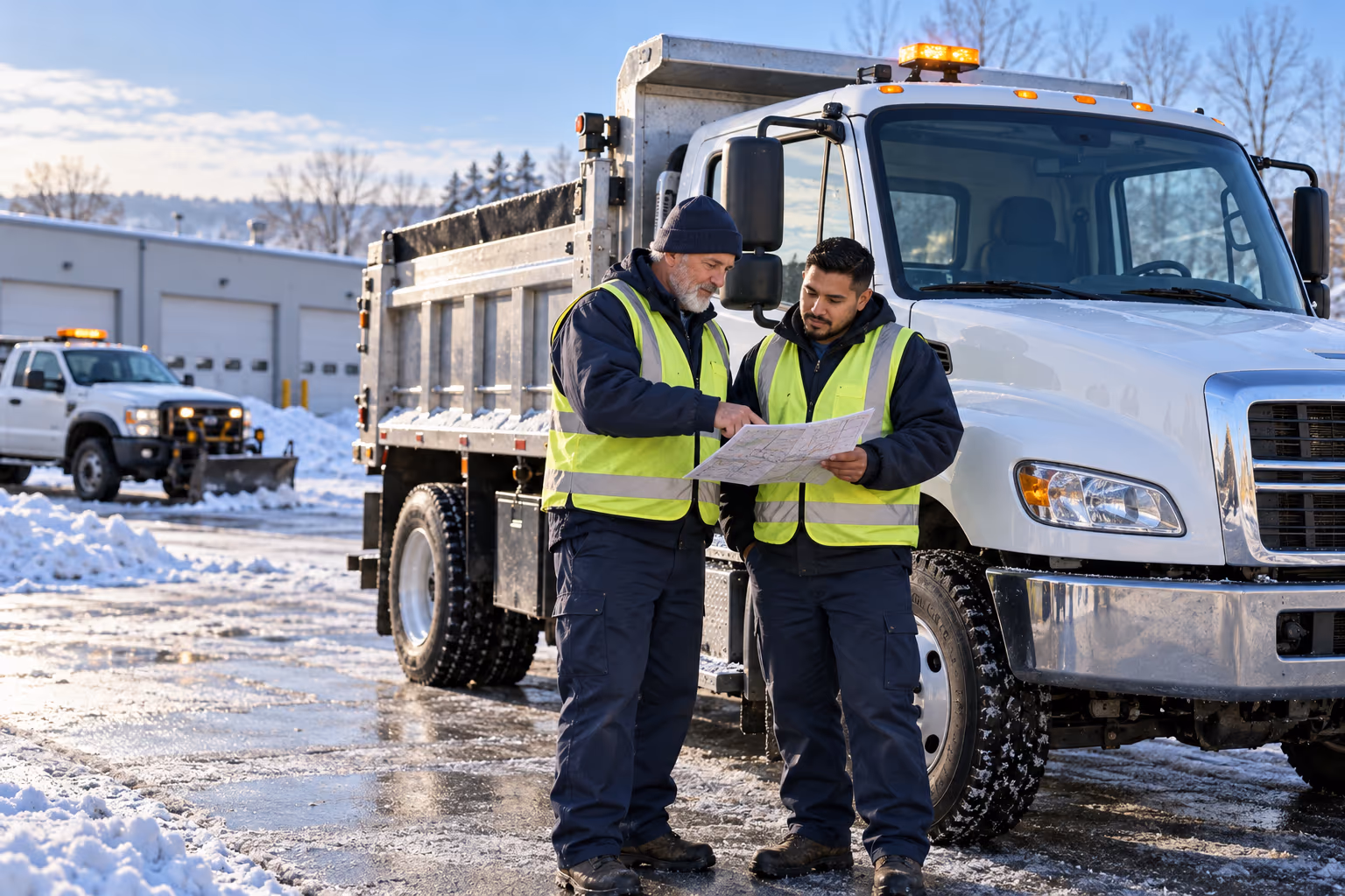 Two municipal workers reviewing a checklist beside a plow truck