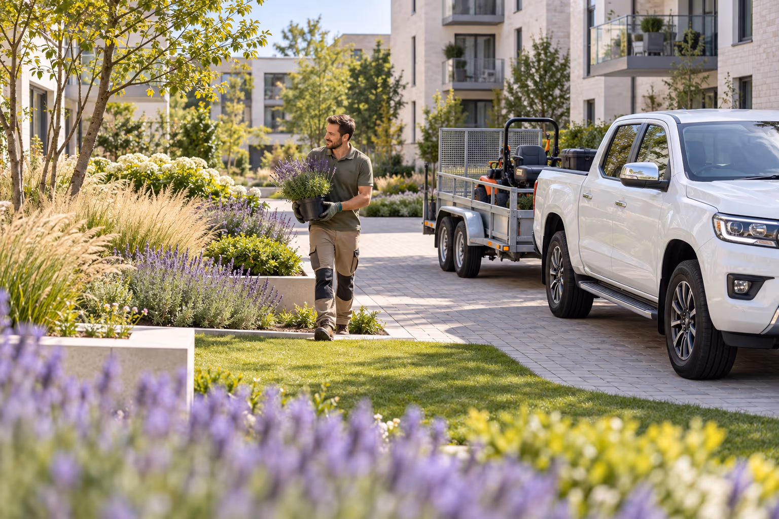 A landscaper with a work truck and trailer at a managed property