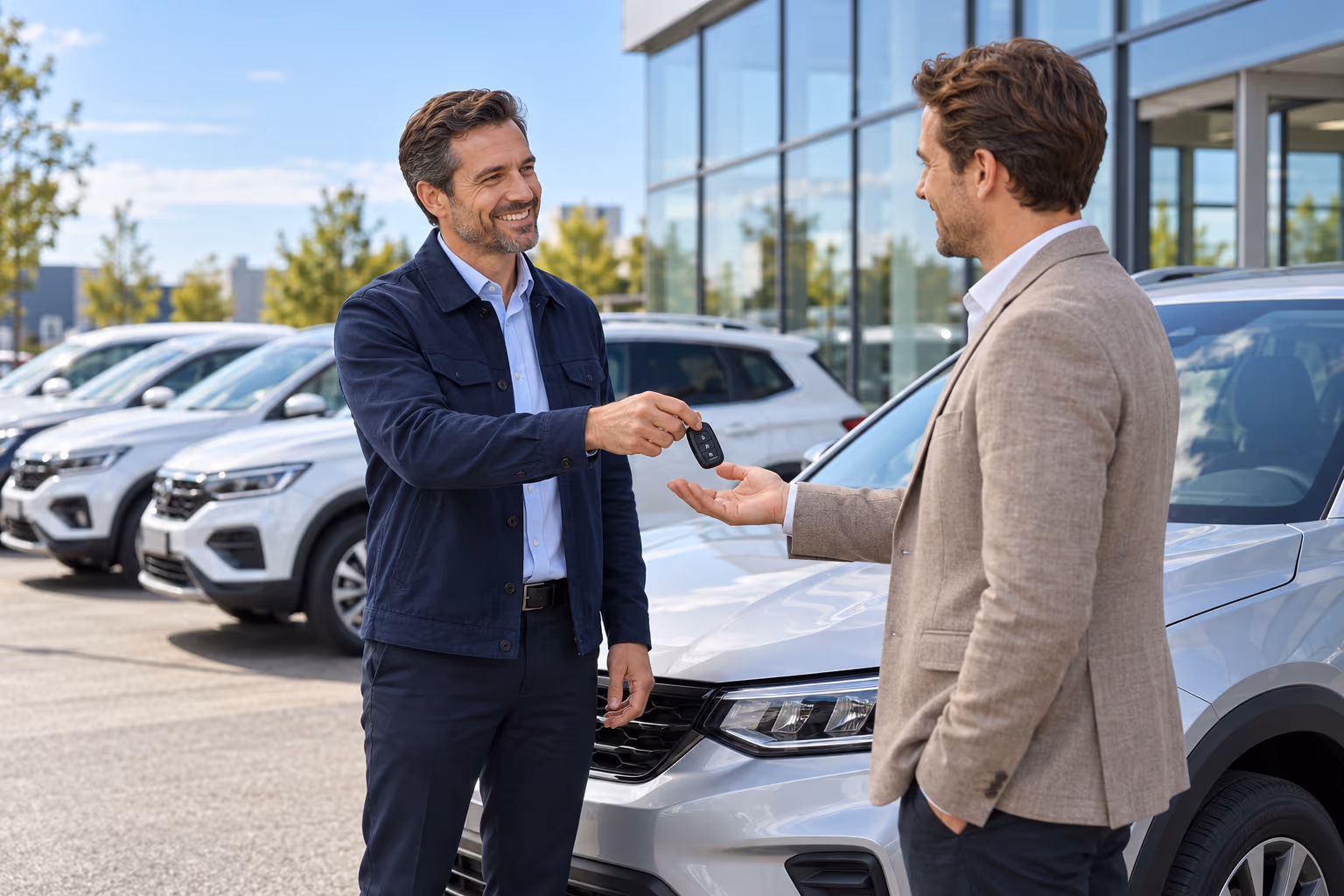 Keys handed over beside a lot of leased fleet cars