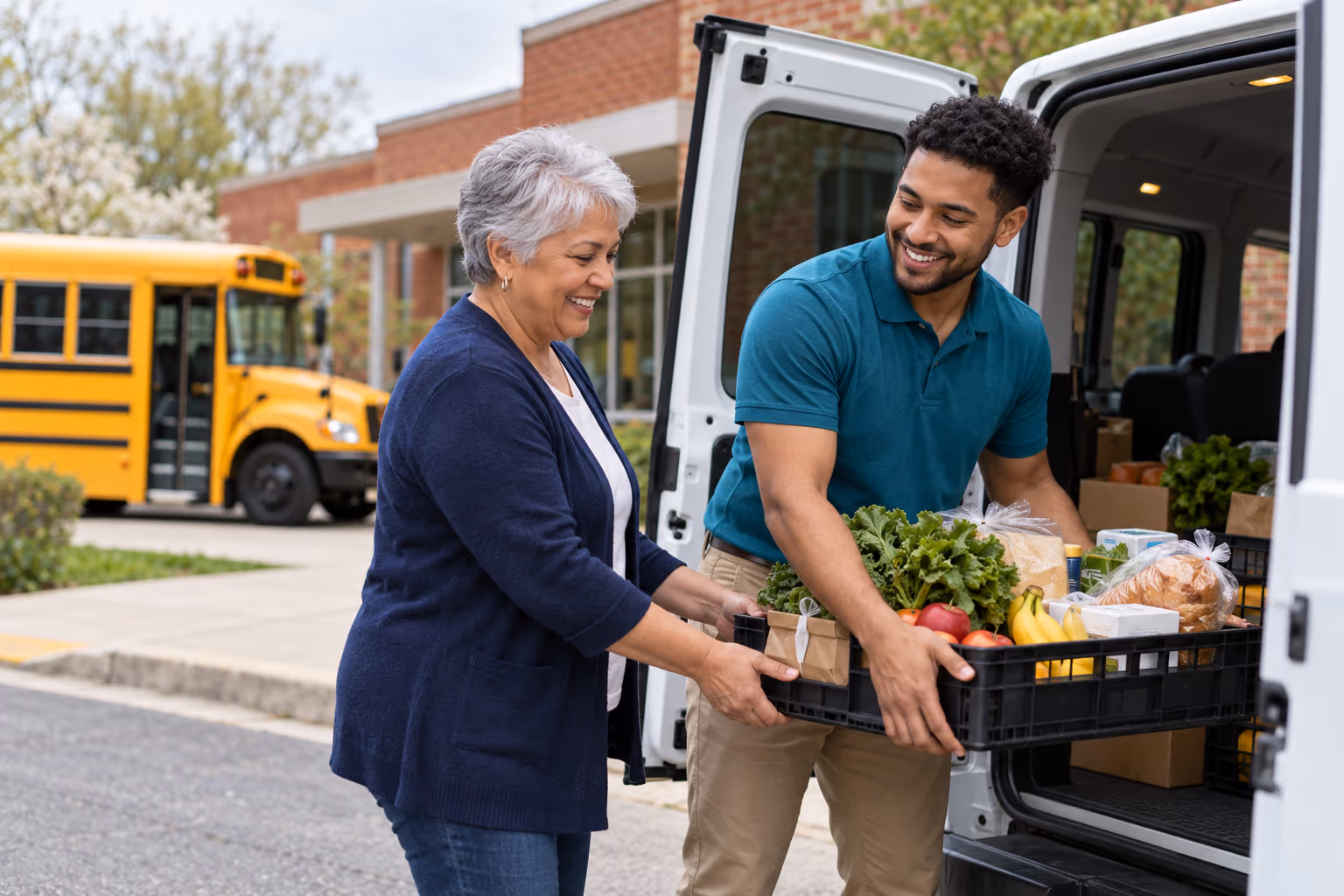 A volunteer handing groceries from a van, a school bus behind