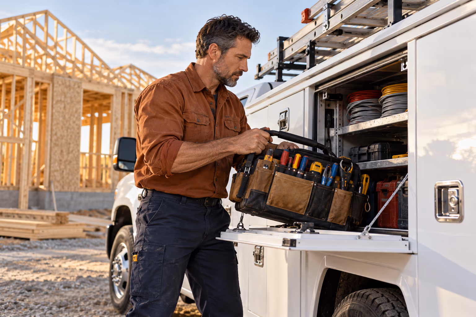 A contractor pulling a tool case from his work truck at a job site