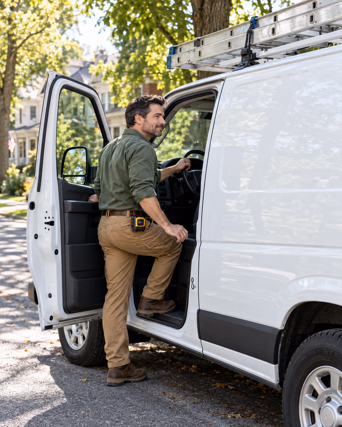 A contractor climbing into his work van, back on the road after fleet service at Fogg’s