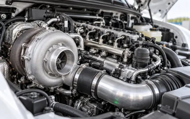 A turbocharged diesel engine bay