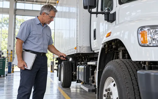 An inspector with a clipboard walking around a box truck
