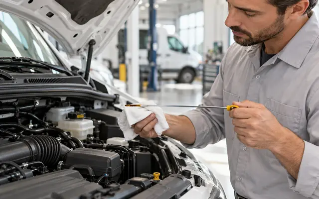 A technician checking the oil on a fleet vehicle