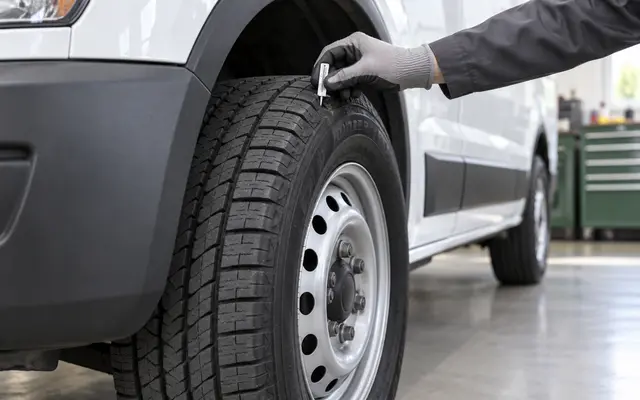 A technician checking tread depth on a fleet van tire