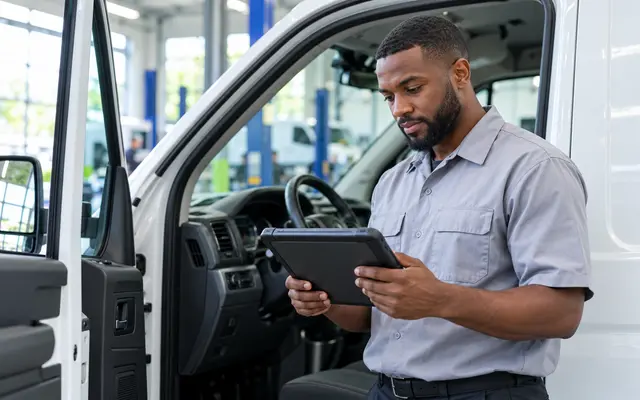 A Fogg’s technician reviewing a repair on a tablet beside a work van