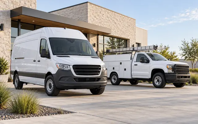 A cargo van and a utility work truck parked outside the shop